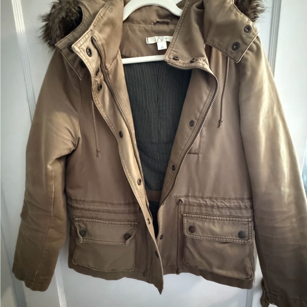 LOFT Tan Utility Jacket with Faux Fur Hood